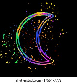 Simple moon. Weather symbol. Linear icon with thin outline. Colored ink with splashes on black background