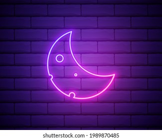 Simple moon. Weather symbol. Linear icon with thin outline. Neon style. Light decoration icon. Bright electric symbol isolated on brick wall