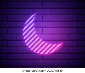 Simple moon. Weather symbol. Linear icon with thin outline. Neon style. Light decoration icon. Bright electric symbol isolated on brick wall