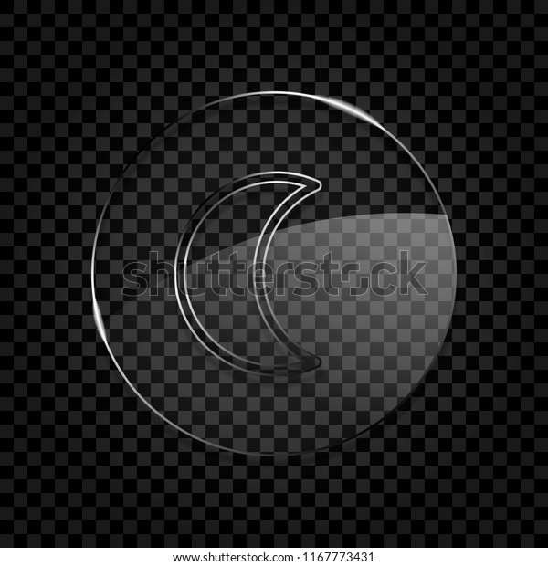 Simple\
moon. Weather symbol. Linear icon with thin outline. Icon in circle\
glass bubble on dark transparent grid. Glass\
style