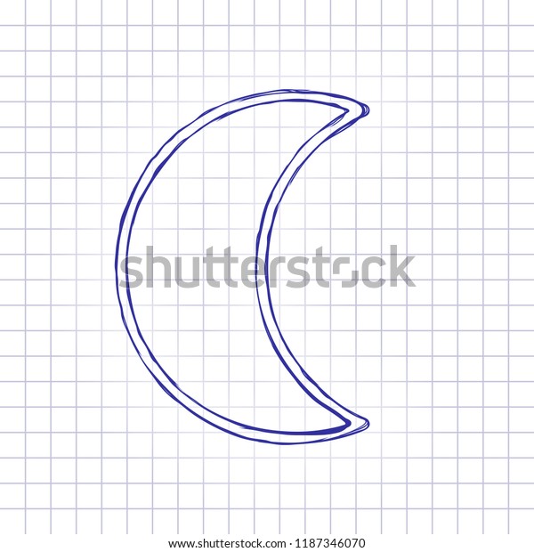 Simple moon. Weather symbol. Linear\
icon with thin outline. Hand drawn picture on paper sheet. Blue\
ink, outline sketch style. Doodle on checkered\
background
