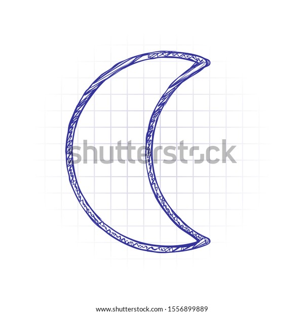 Simple moon. Weather symbol. Linear icon with\
thin outline. Hand drawn sketched picture with scribble fill. Blue\
ink. Doodle on white\
background