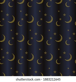 Einfache Monde und Sterne auf blauem Vorhang, nahtloses Muster-Design. Vektorgrafik.