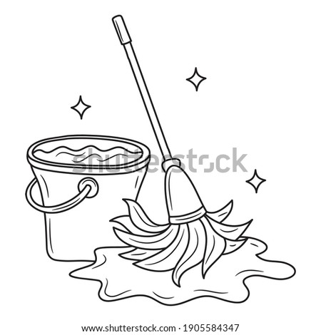 Simple mop and bucket of water, black and white Line art vector illustration