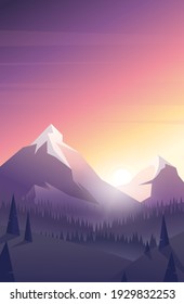 Simple morning mountain landscape in modern colorful low poly style