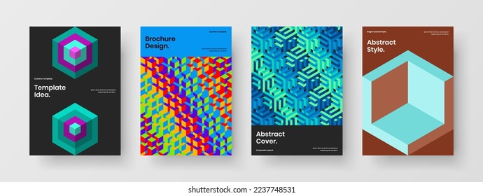 Simple mosaic hexagons corporate brochure concept collection. Bright poster design vector template set.