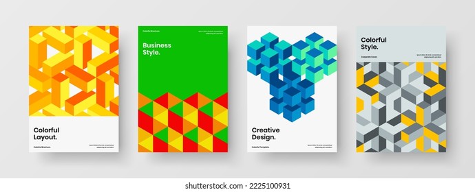 Simple mosaic hexagons corporate identity layout collection. Colorful company brochure design vector illustration set.