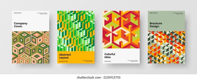 Simple mosaic hexagons front page illustration set. Multicolored corporate identity design vector template composition.
