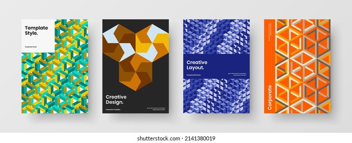 Simple mosaic hexagons pamphlet template bundle. Clean corporate cover design vector illustration composition.