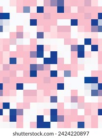 Simple Mosaic Seamless Vector Pattern. Pastel Pink and Dark Blue Squares on a White Background. Chaotic Geometric Mosaic made of Tiny Squares. Disorted Modern Endless Design. 8-bit Style Pattern.