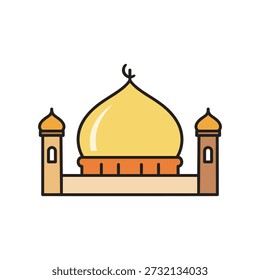 Einfache Moschee-Illustration mit gelber Kuppel und Minaretten auf weißem Hintergrund, die islamische Architektur und Kultur symbolisiert, ideal für religiöse oder kulturelle Designs