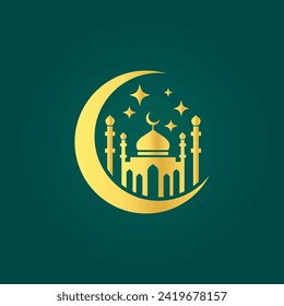 Simple Mosque Vector Logo Gold On green background