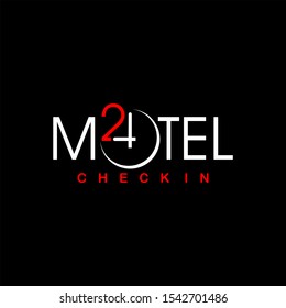 Simple Motel Logo Design Typo Vector, Corporate Text And Clock For 24 Hours Service Design Idea