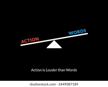 Simple Motivation graphic on dark background. Action and Words on a scale
