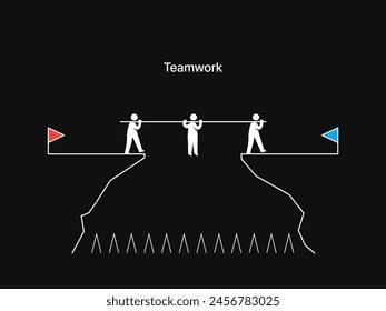 Simple Motivation graphic on dark background. Three man cross the cliff