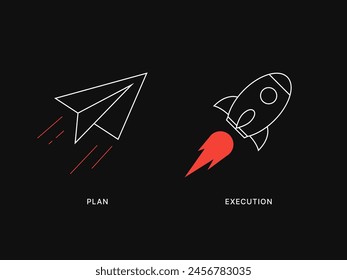 Gráfico de Motivación simple sobre fondo oscuro. Un avión de papel y un cohete