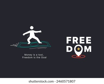 Simple Motivation graphic on dark background. A person riding money like a flying carpet.