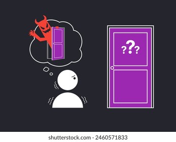 Simple Motivation graphic on dark background. person fear a mysterious purple door