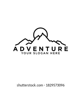 Simple Mountain Adventure Logo Design. Perfect logo for adventure mountain. With a concept single line mountain and sun.