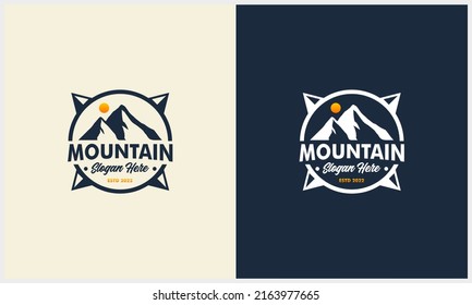 simple Mountain badge with sun and compass concept logo design template