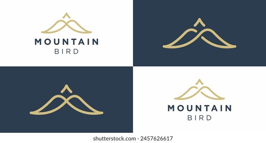 Simple Mountain Bird Logo. Abstract Mountain, Hill, Peaks, Summit and Bird, Eagle with Lineart Outline Style. 