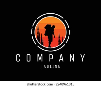 simple mountain climber adventure logo silhouette with sunset. Best for badge, emblem, icon, sticker design, t-shirt, mountaineering adventure industry. available in eps 10.