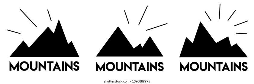 Simple mountain icons with sun rays. Set of vector silhouettes of mountains. Logo ideas