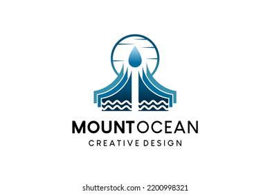 Simple mountain illustration logo design with a combination of waves and sun or moon