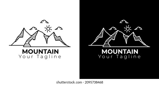 Simple mountain illustration logo, simple mountain icon with lines, black and white mountain symbol