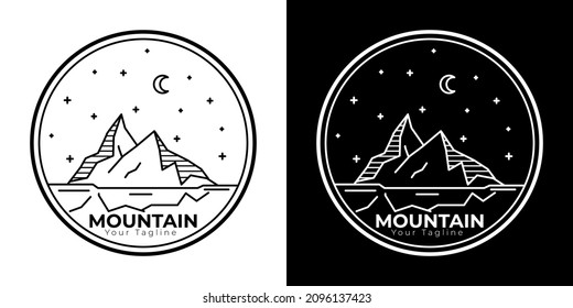 Logo de ilustración de montaña simple, icono de montaña simple con líneas, símbolo de montaña blanco y negro