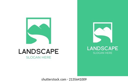 Sencillo diseño de logotipo de paisajes de montaña. Ilustración vectorial de río