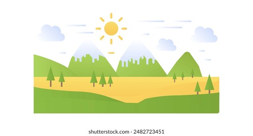 Paisaje montañoso sencillo, llanura y campo con árboles, rocas en horizonte Ilustración vectorial