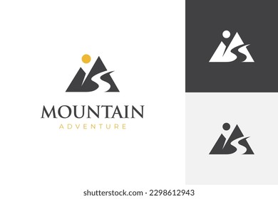 simple mountain landscape with rocks at sunrise, Sea and Sun for Hipster Adventure Traveling logo can be used biker cross