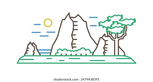 Simple mountain landscape and sea waves on horizon, line icon vector illustration