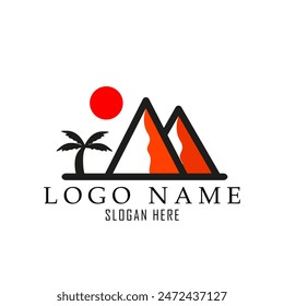 a simple mountain logo with palm tree and sun suitable for summer vacation