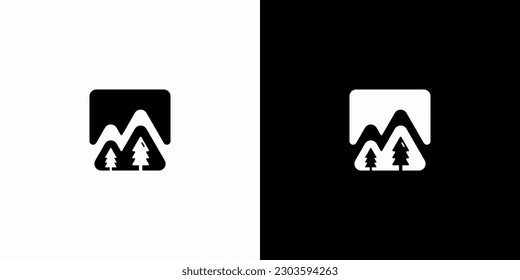 Simple Mountain and M letter with pine tree logo design, easy to use. vector EPS 10.