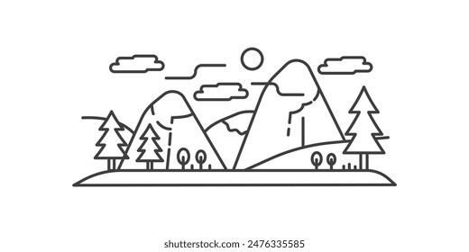 Paisaje natural de montaña simple, árboles de coníferas que crecen a pie, Ilustración vectorial de iconos de línea