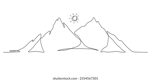 Simple Mountain in One Continuous Art Line. Trendy scenic mounts, wall art background. Black and white landscape design for fabric, prints, and wall art. Simple line drawing of one line mountain