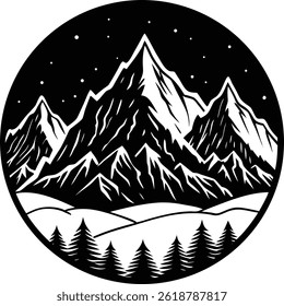 Simple Mountain Range Silhouette in Circle Logo Style - Vector Design