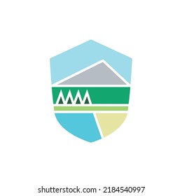 Simple mountain scenery logo within a shield. Flat tropical view. Logo for company, government, mountain hikers, outdoor, school, and corporation.