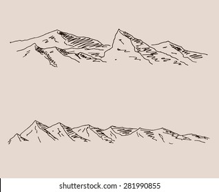 Simple mountain scenery sketch hand drawing, in engraving etching style, for extreme climbing sport, adventure travel  and  tourism design