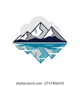 Logotipo de silueta de montaña simple con luna y nubes sobre él y su reflejo de sombra