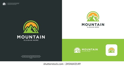 Simple mountain with sunset background logo design template