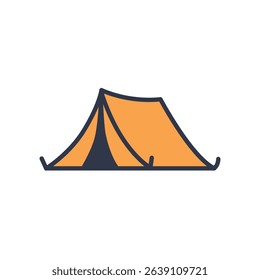 Simple mountain and tent icon logo with sharp teal silhouette and orange accent, flat modern vector design for travel and outdoor branding