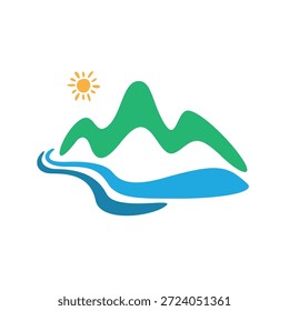 einfache Berge zwischen Meer und Sonne Logo Vektor
