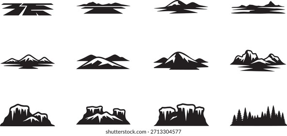 Einfache Berge Hügel mit horizontalen Formen in monochromen Stil Set