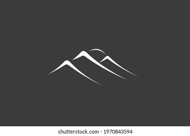 Simple mountains logo with three high taper peaks and the sun in white colors