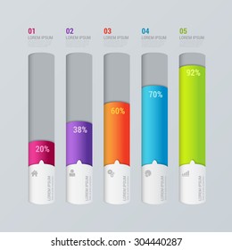 Simple multicolor 5 step indicator bar graph chart graphic process steps labels infographics mockup template. Infographic background concepts collection.