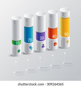 Simple multicolor 5 step timeline indicator bar graph chart graphic process steps labels infographics mockup template. Infographic background concepts collection.