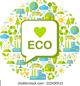 Simple multicolor background with many icons on ecology theme 